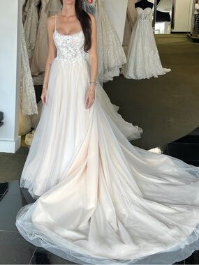 Ethereal Lace Bodice Tulle Wedding Gown - Blush Ivory